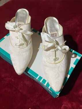 Ivory Satin Pointed-Toe Mules with Decorative Bow